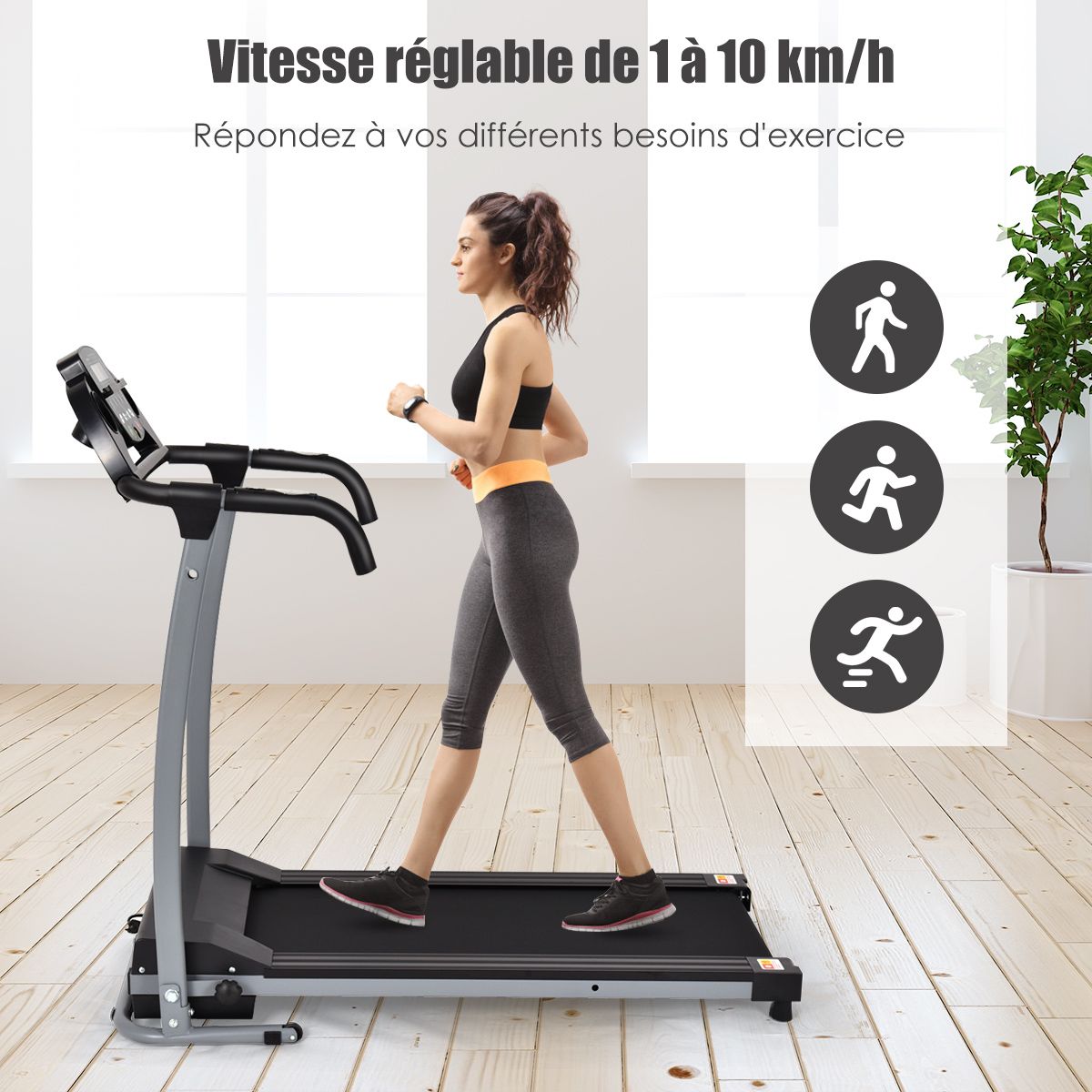 Tapis de Course lectrique Pliable avec cran et Moniteur de Frquence Cardiaque avec Vitesse de 1 10 km/h et 12 Programmes Noir -