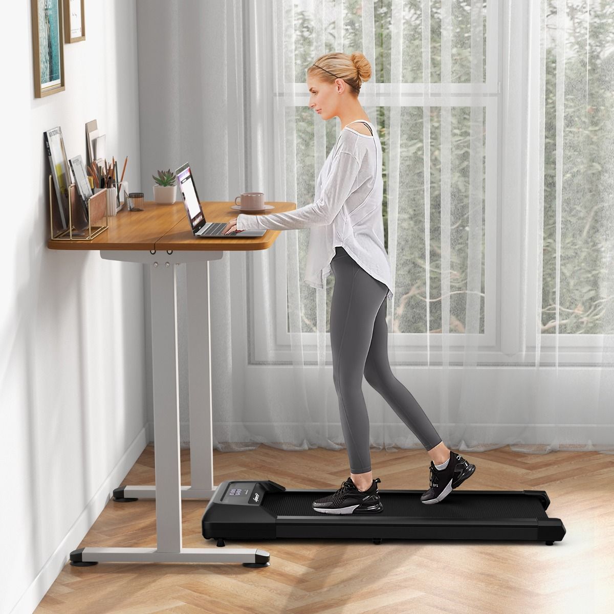 Tapis de Course Mince Tapis de Jogging avec Capacit de 120 Kg Tlcommande et cran Led Inclinable Roulettes Tapis de Course Glisser Gris/Noir/Rose -