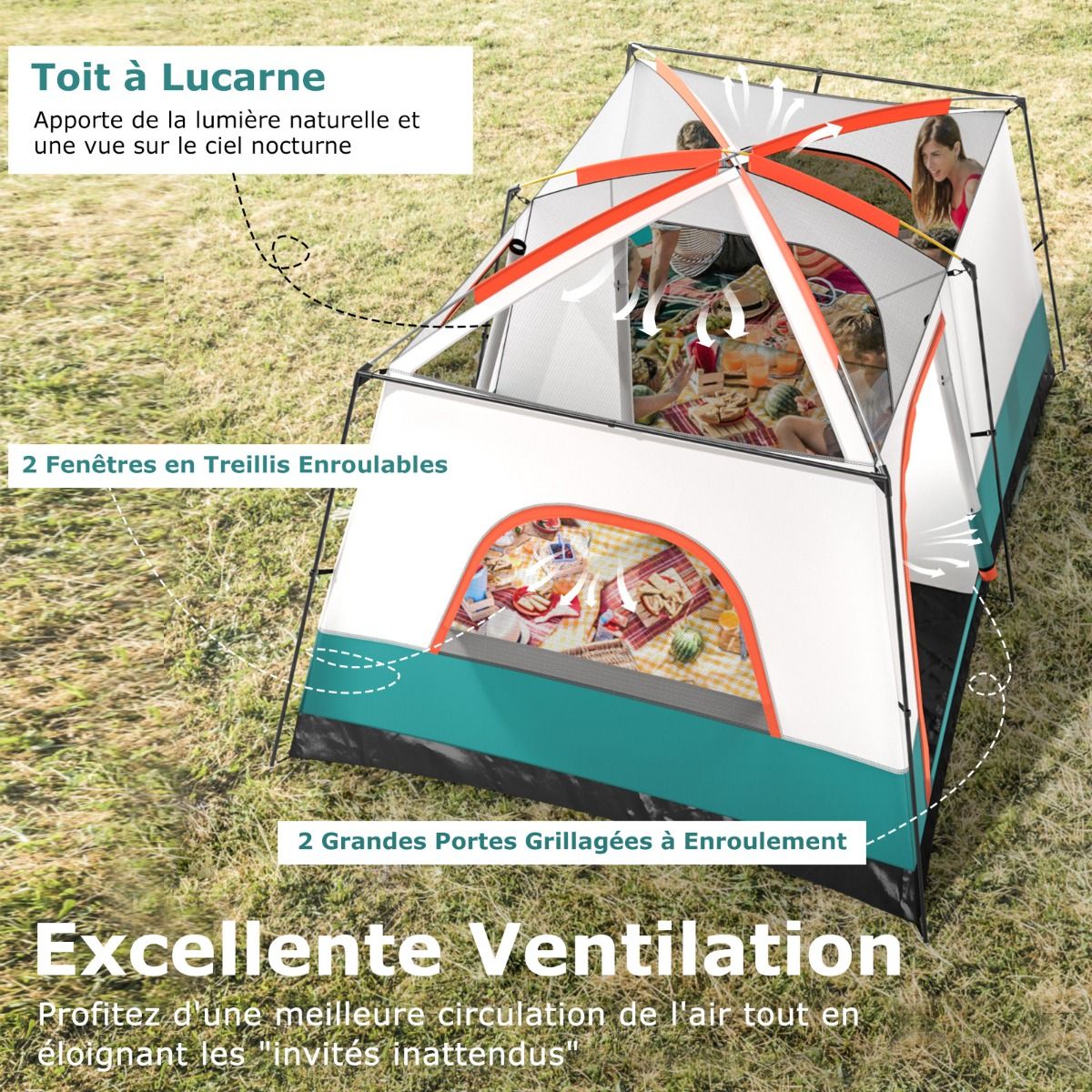 Tente de Camping pour 6/8/10 Personnes avec Auvent Grande Tente Familiale avec 2 Chambres 2 Portes 2 Fenêtres en Maille Vert -