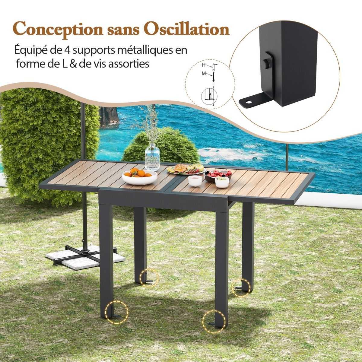 Table de Jardin Extensible en Aluminium Ajustable de 80 160 CM Table Manger Extrieure Rectangulaire pour 4-6 Personnes Naturel -
