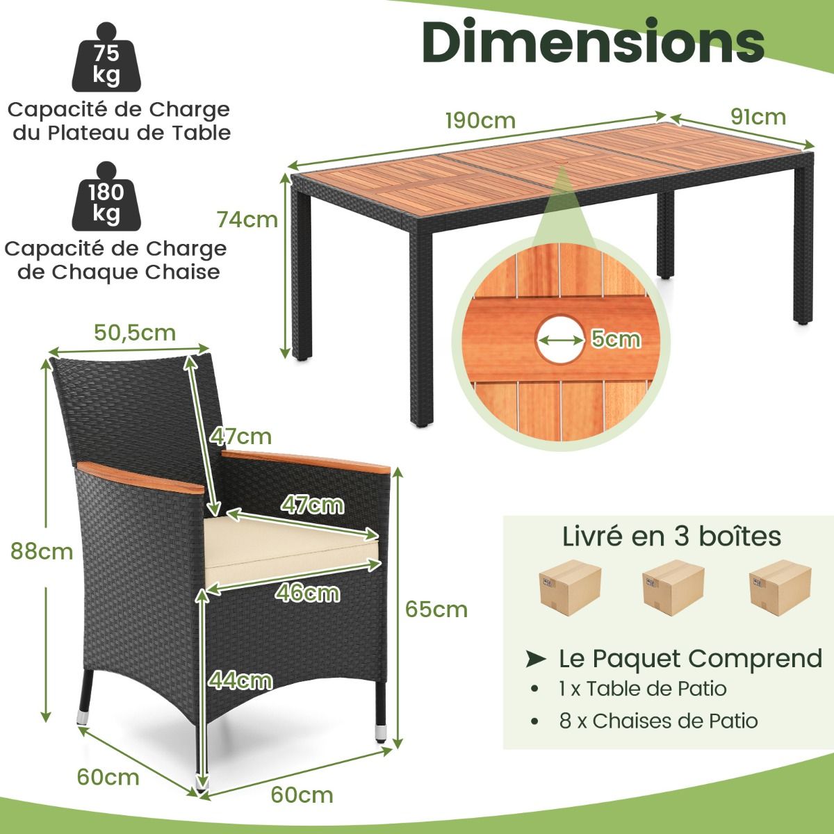 Salon de Jardin en Rotin 9 Pices Plateau de Table en Acacia Ensemble de Salle Manger avec Coussins Amovibles Trou Charge 180KG Beige+Noir -