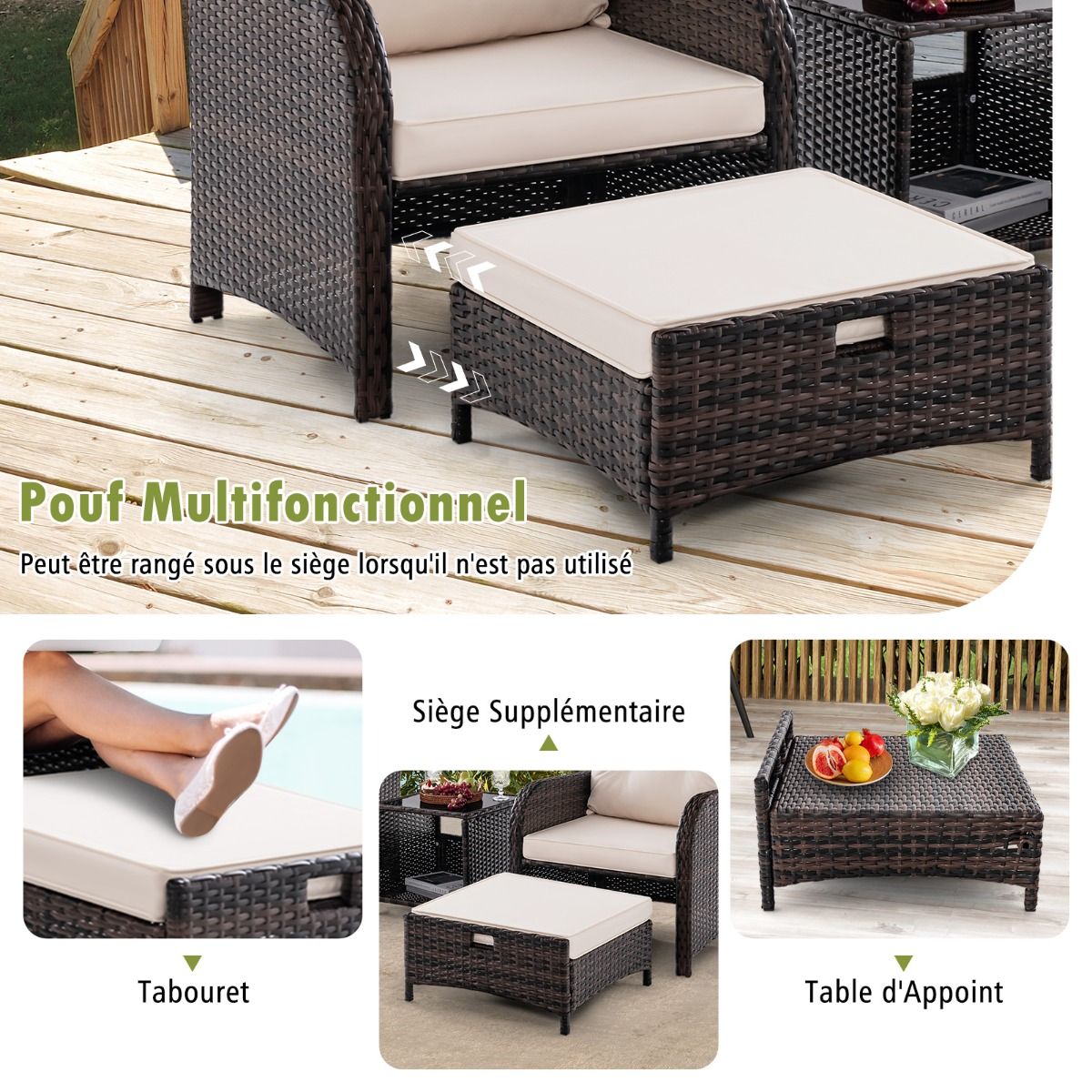 Meubles de Patio 5 Pices Ensemble de Canap d'Extrieur en Rotin avec 2 Chaises 2 Poufs et 1 Table Basse Coussins Doux Plateau en Verre Tremp Beige -