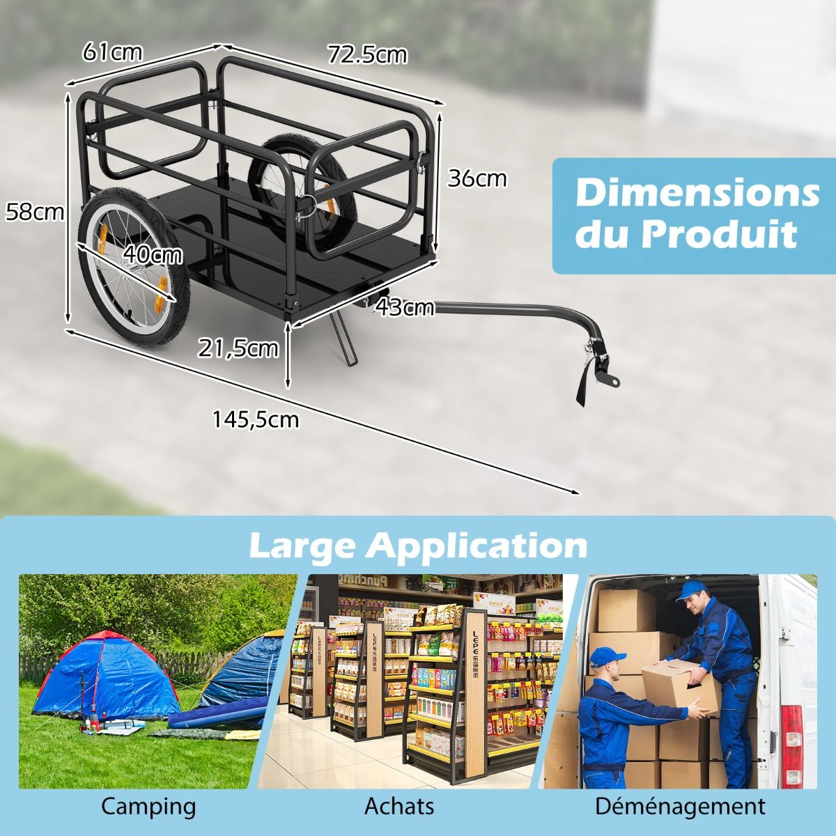 Remorque de Vélo avec Cadre Pliable Charge 55 kg Chariot pour Vélo avec Housse en Tissu Oxford Roues à Air de 40 cm Réflecteurs Bleu -