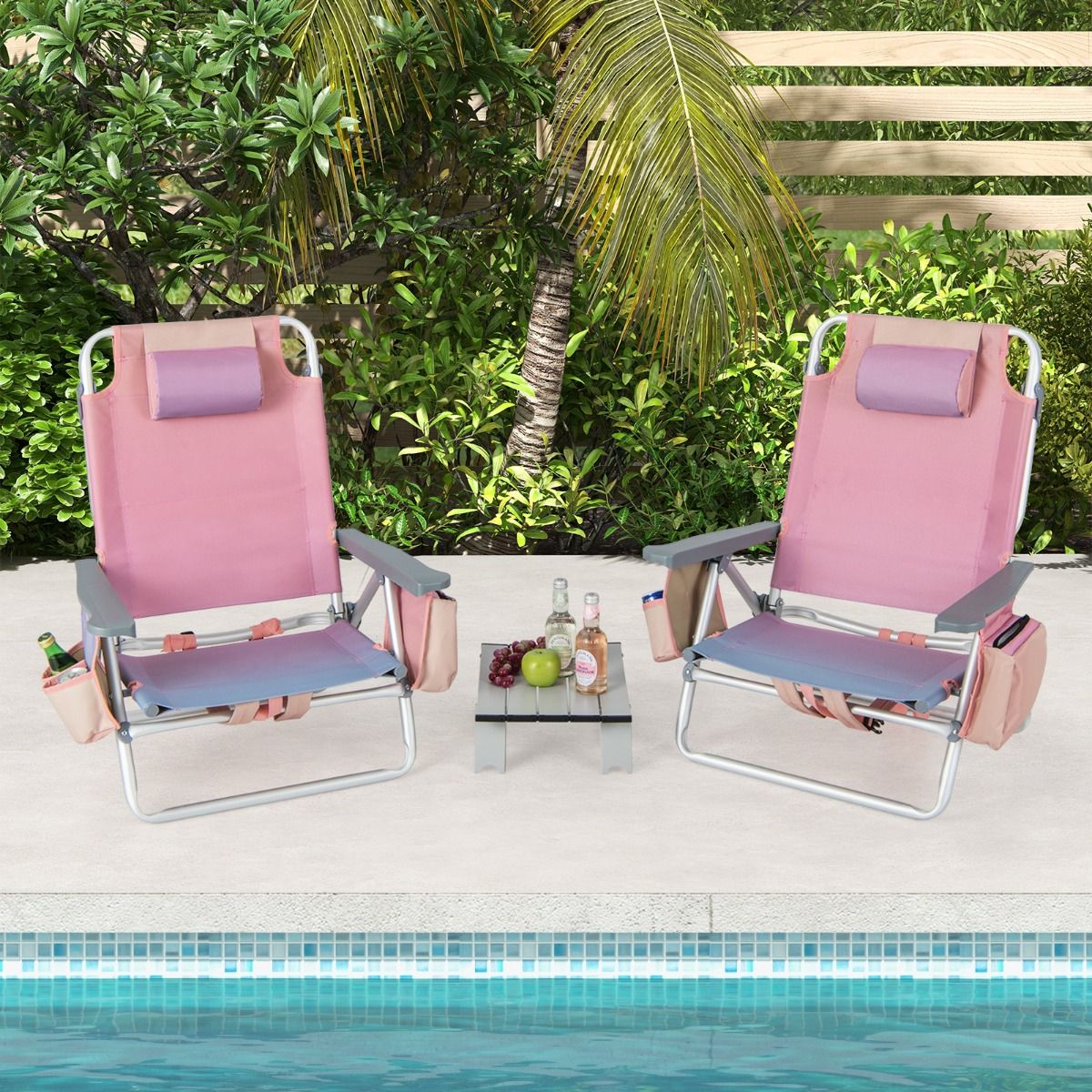 Lot de 2 Chaises de Camping Plage Pliante Table Enroulable en Aluminium Appui-tête Dossier Réglable à 5 Positions 6 Couleurs au Choix -