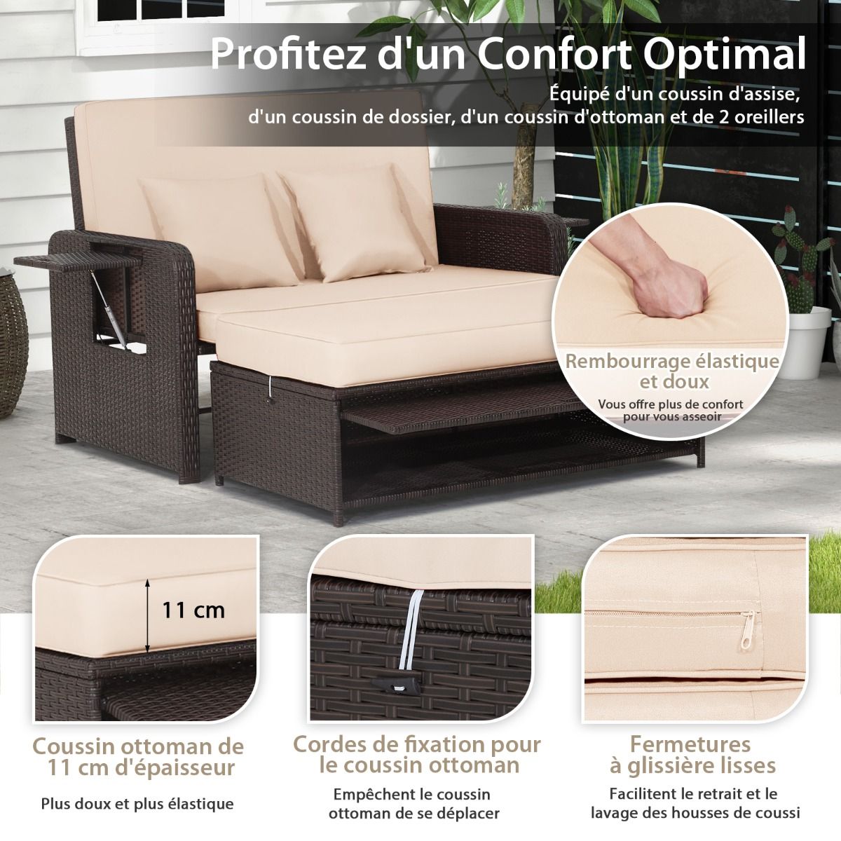 Salon de Jardin Extrieur Ajustable Lit,2 Place avec Stockage Cach,Dossier Rglable 4 Niveaux en Rotin PE -
