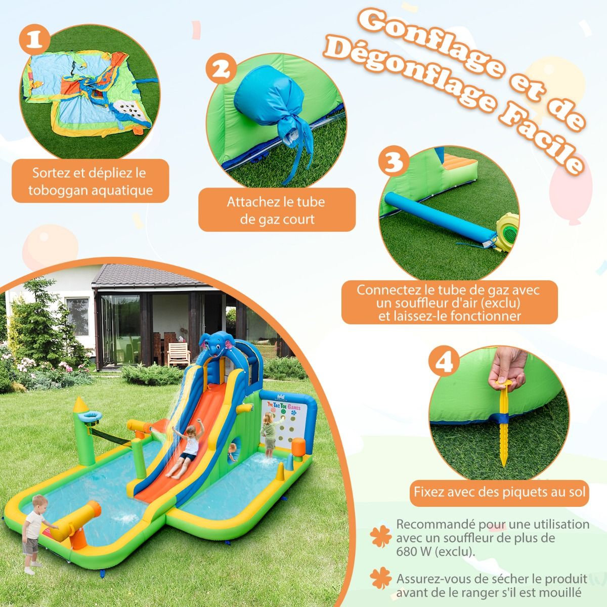Toboggan Aquatique Gonflable Gant pour Enfants Piscine claboussures sures Mur D'escalade Canons Eau Lancer D'anneaux Cerceau (sans Souffleur) Multicolore -