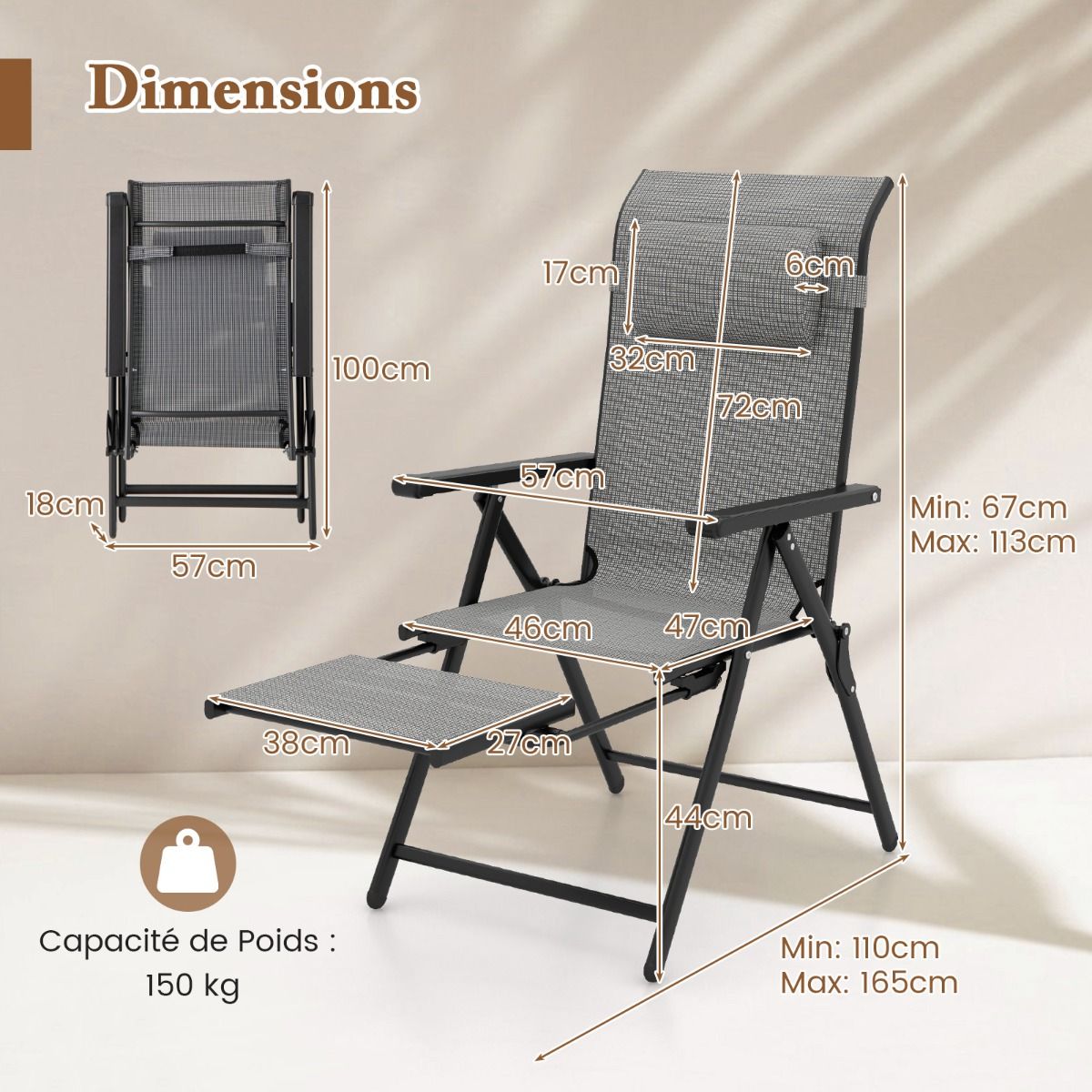 Lot de 2 Chaises Longues Pliantes et Inclinables Dossiers et Accoudoirs Réglables à 10 Niveaux Repose-Pied Rétractable Capacité 150 Kg Gris -