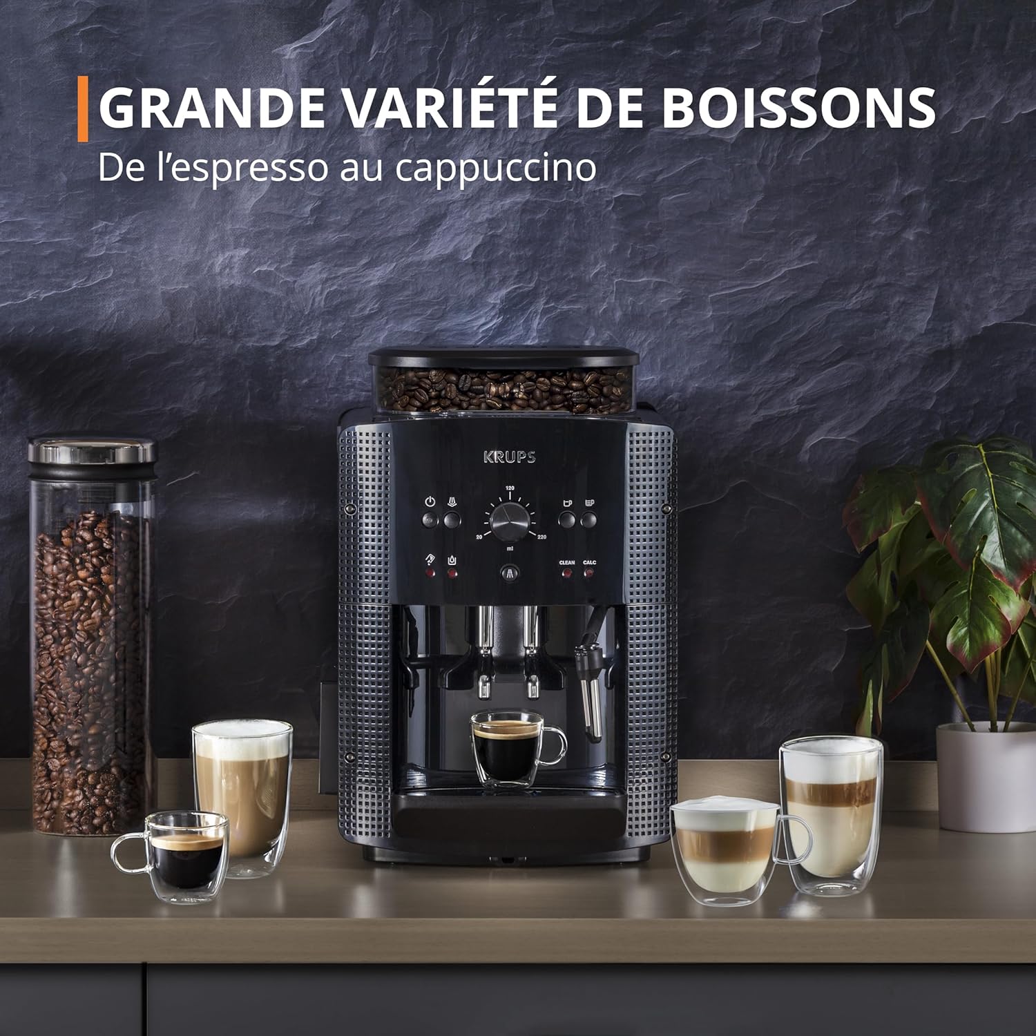 Machine caf grain,1,7 L,2 tasses en simultan,Nettoyage automatique,Buse vapeur pour Cappuccino,Cafetire espresso,Essential noire YY8125FD,Noir -