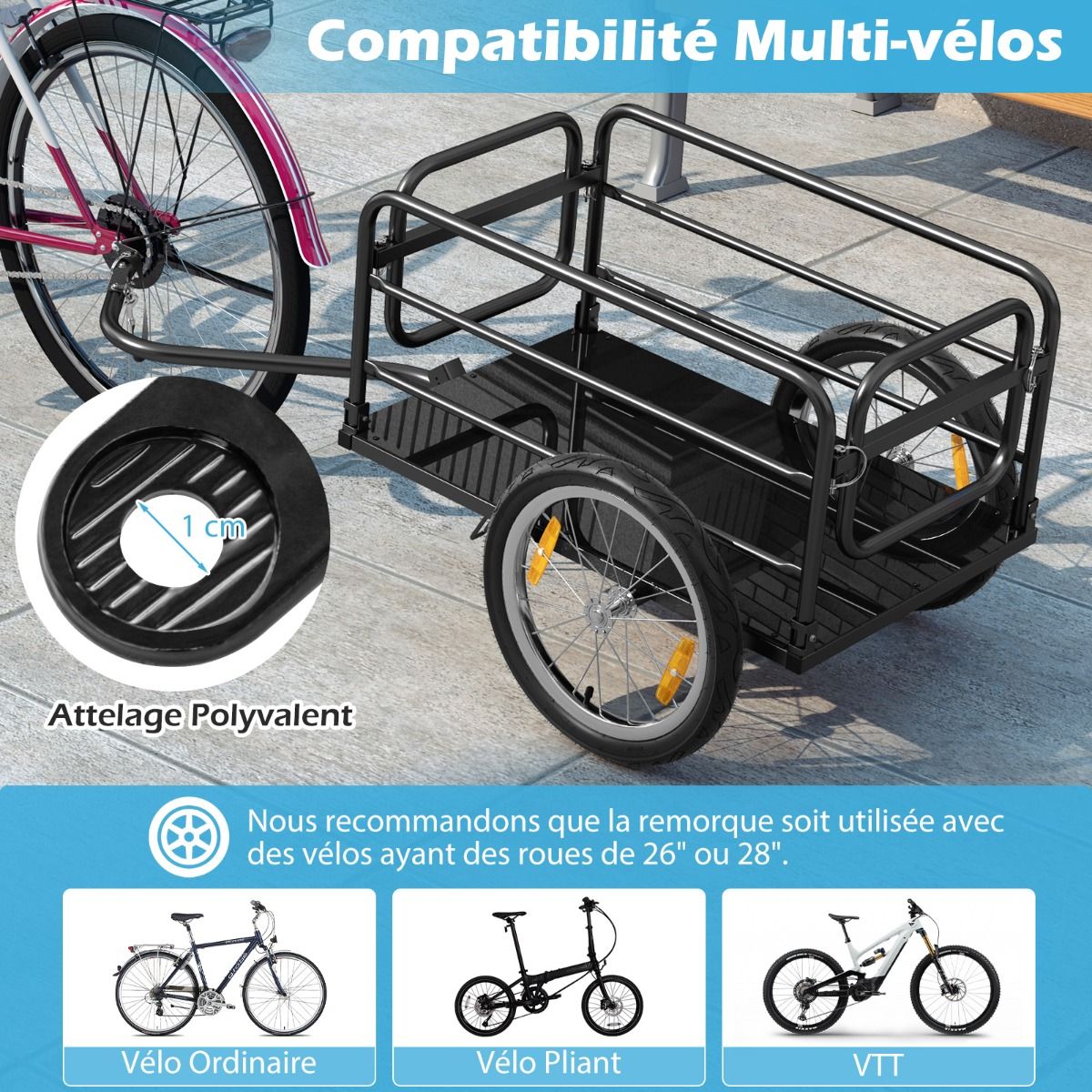 Remorque de Vlo avec Cadre Pliable Charge 55 kg Chariot pour Vlo avec Housse en Tissu Oxford Roues Air de 40聽cm Rflecteurs Bleu -