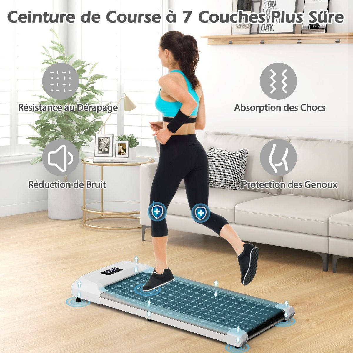 Tapis de Course Mince Tapis de Jogging avec Capacit de 120 Kg Tlcommande et cran Led Inclinable Roulettes Tapis de Course Glisser Gris/Noir/Rose -