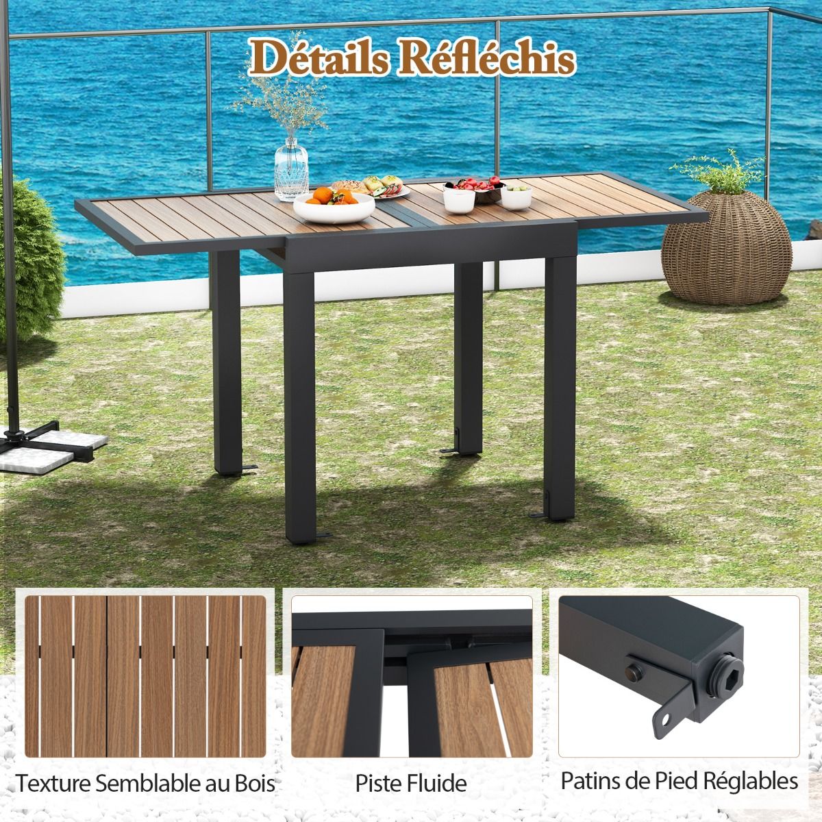 Table de Jardin Extensible en Aluminium Ajustable de 80 160 CM Table Manger Extrieure Rectangulaire pour 4-6 Personnes Naturel -