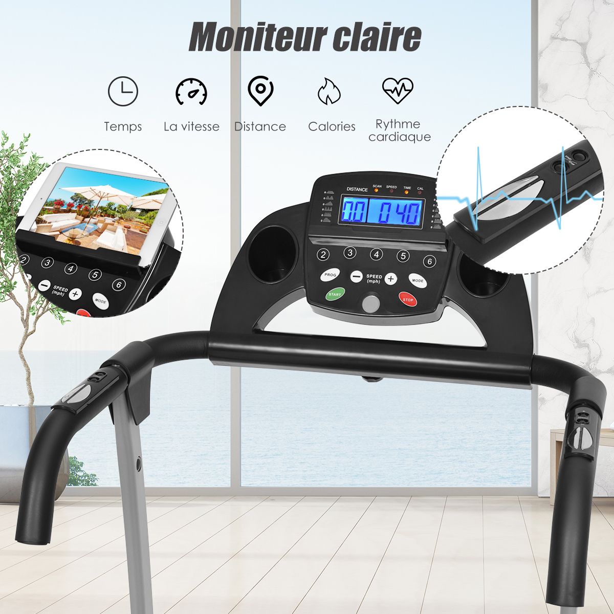 Tapis de Course lectrique Pliable avec cran et Moniteur de Frquence Cardiaque avec Vitesse de 1 10 km/h et 12 Programmes Noir -