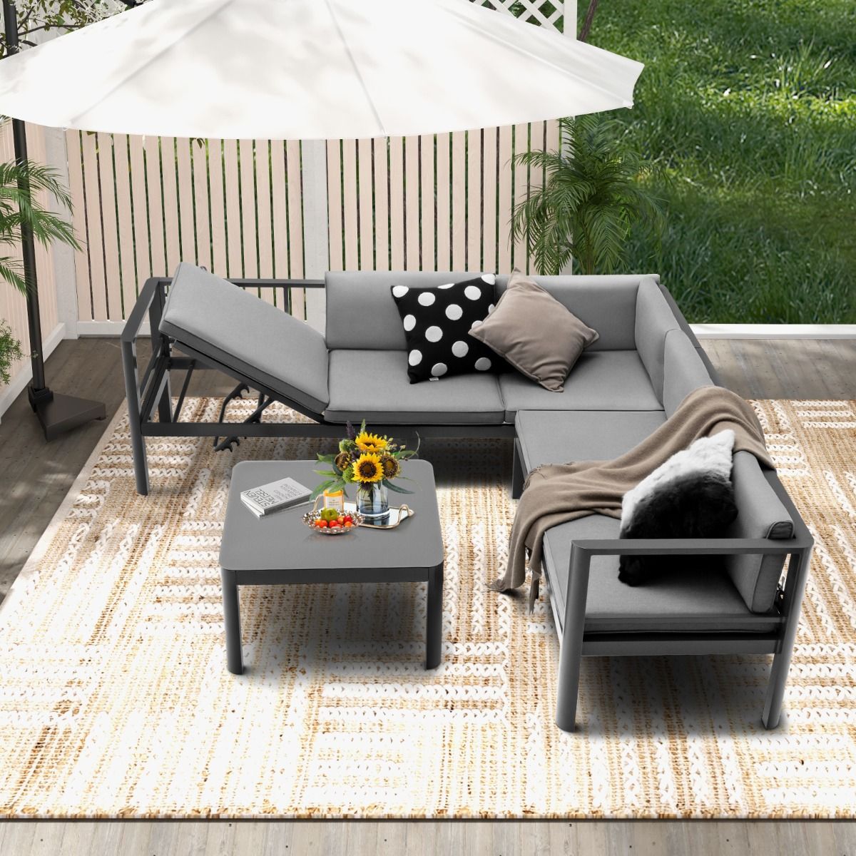 Salon de Jardin Extrieur avec Table Basse en Verre Tremp Canapavec Dossier Inclinable 6 Niveaux Coussins Inclus Gris -