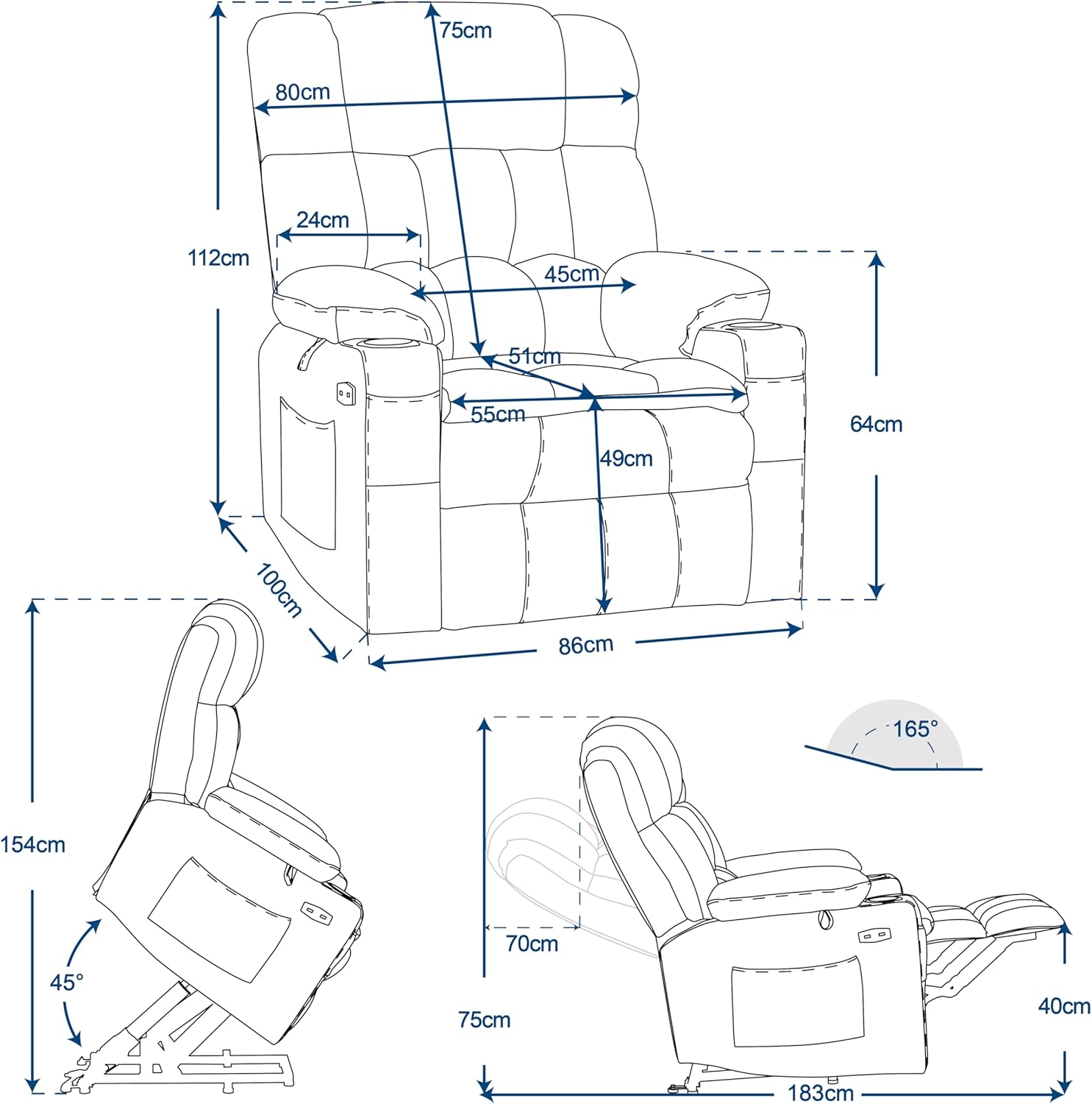 MCombo 7546 Fauteuil de Relaxation électrique avec 3 Moteurs réglables séparément