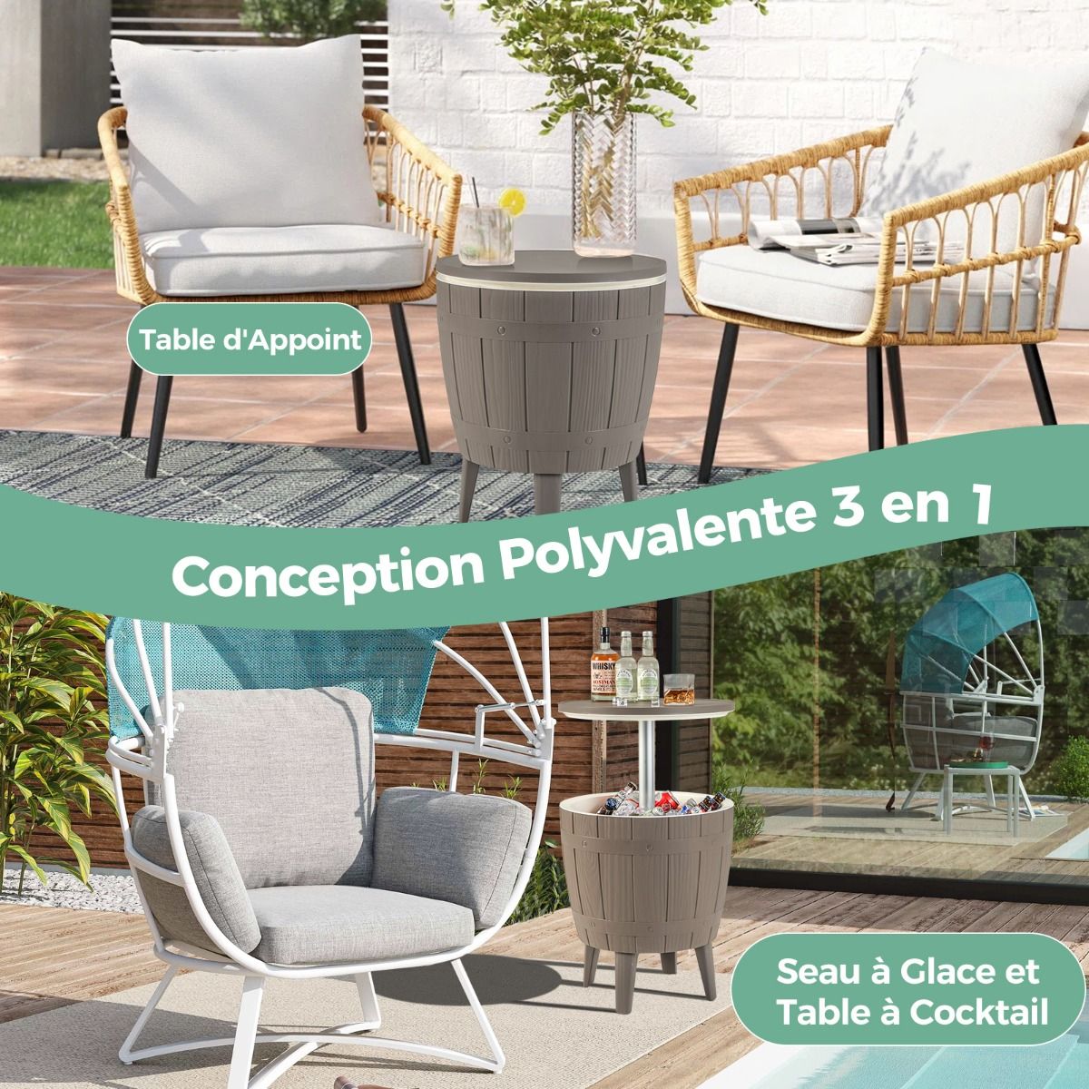 Table Glacire 37L pour Jardin 3 en 1 avec Plateau Tlescopique Seau Glace d'Extrieur pour Cocktails Bire 脴48x58/83cm Marron+Blanc -