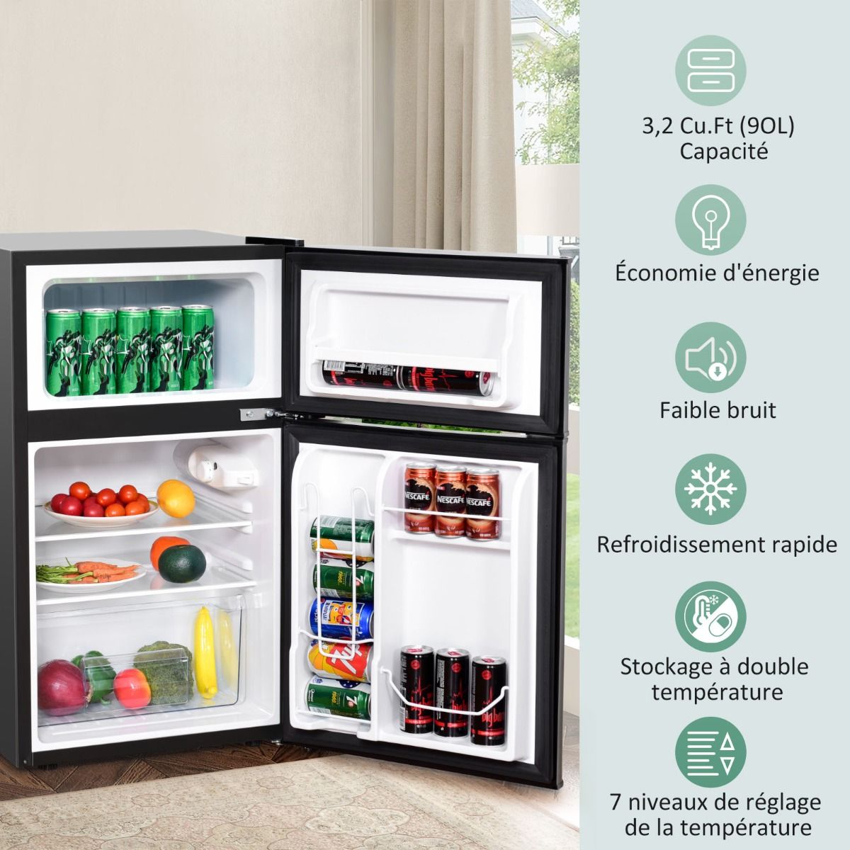 Rfrigrateur Compact Mini-rfrigrateur 90 L Conglateur Spar avec Design 2 Portes Fonctionnement Silencieux Blanc/Gris/Noir -