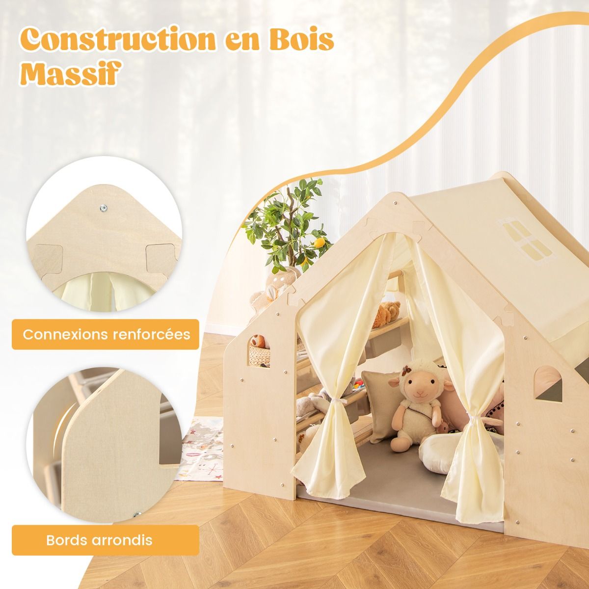 Tente de Jeu d'Intérieur en Bois pour Enfants 6 en 1 Tableau Noir Table Chaise 6 Bacs de Rangement Coussin de Sol Maison de Jeu pour 2-6 ans Beige -