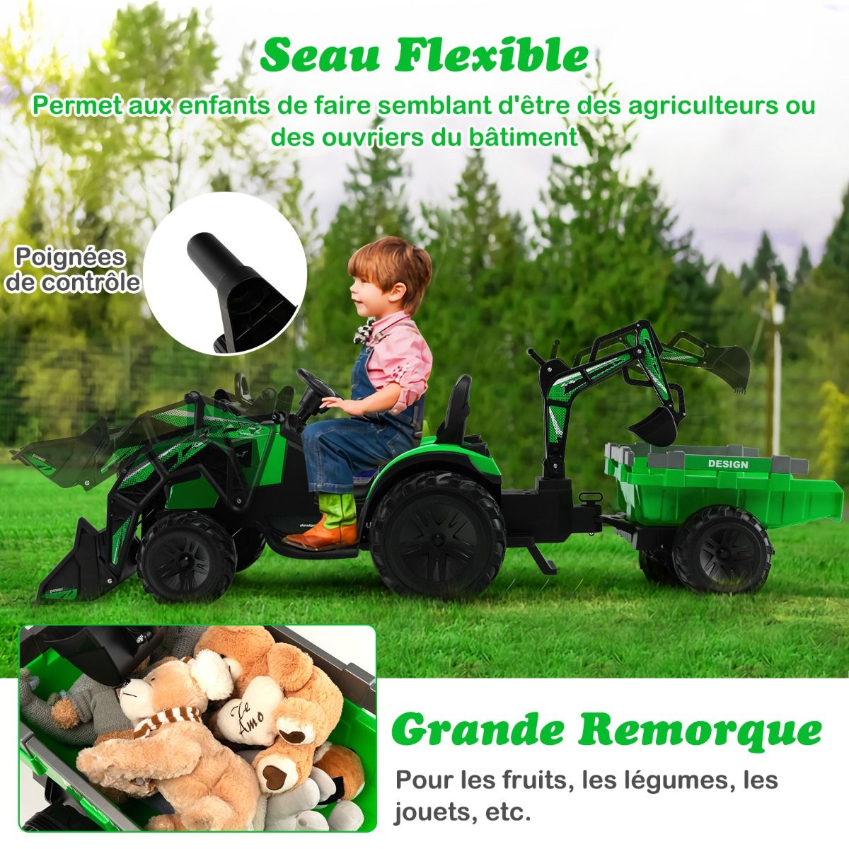 Tracteur Electrique 12 V pour Enfants 3-5 km/h Tlcommande MP3 USB Vert/Jaune -