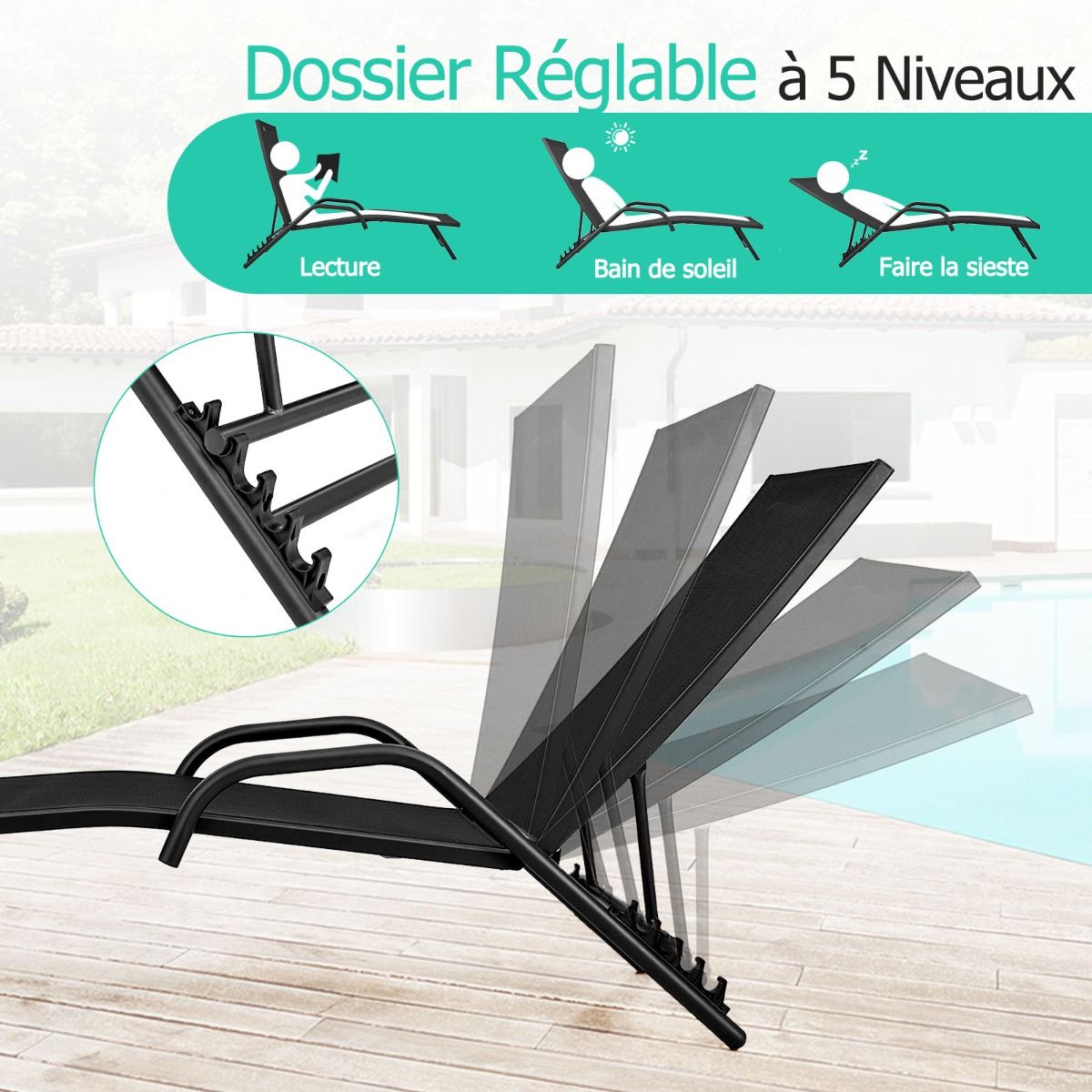 Lot de 2 Bains de Soleil Inclinables d'Extrieur avec Accoudoirs et Dossier Rglable 5 Positions Charge 160 kg Noir -