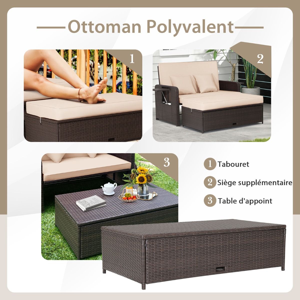 Salon de Jardin Extrieur Ajustable Lit,2 Place avec Stockage Cach,Dossier Rglable 4 Niveaux en Rotin PE -