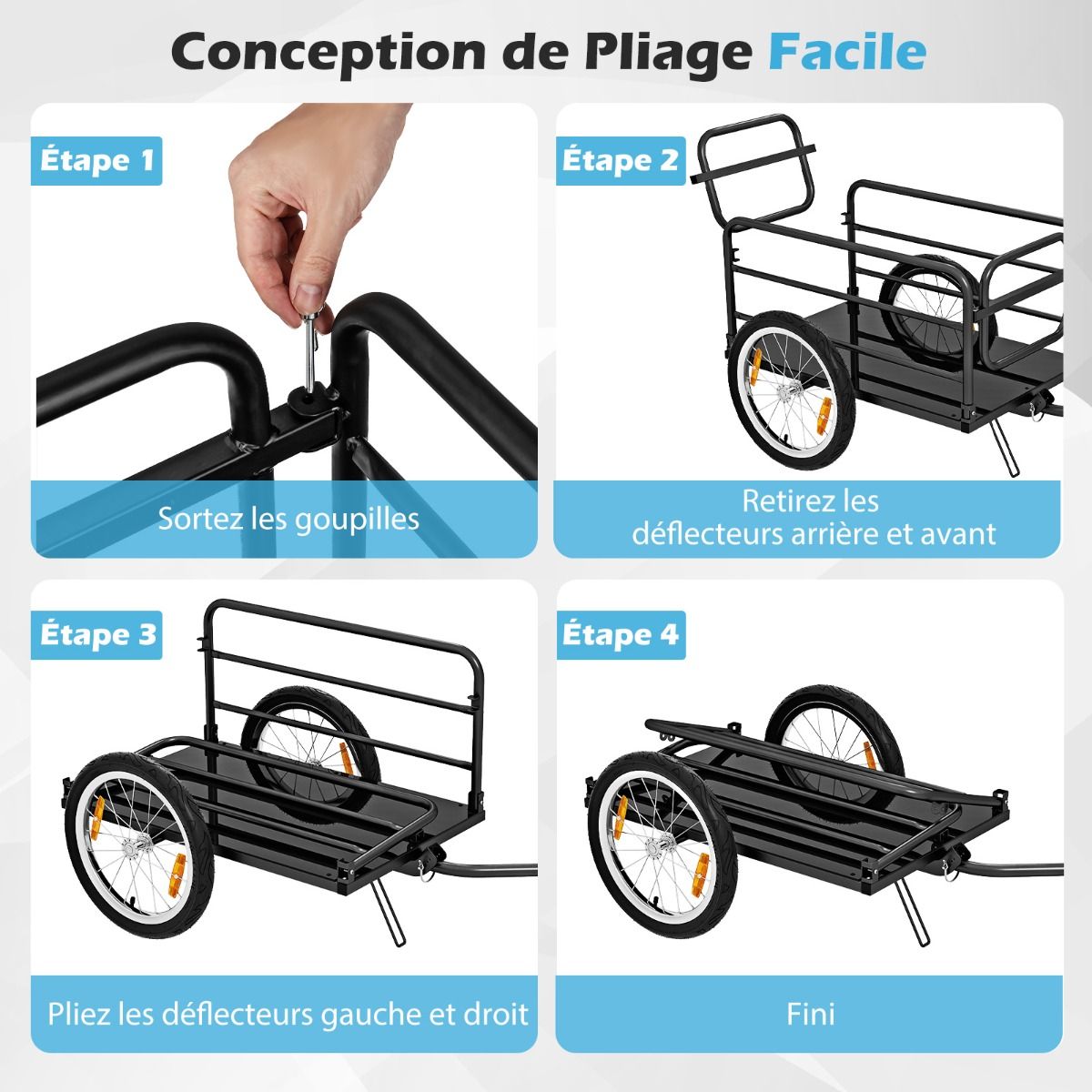 Remorque de Vélo avec Cadre Pliable Charge 55 kg Chariot pour Vélo avec Housse en Tissu Oxford Roues à Air de 40 cm Réflecteurs Bleu -