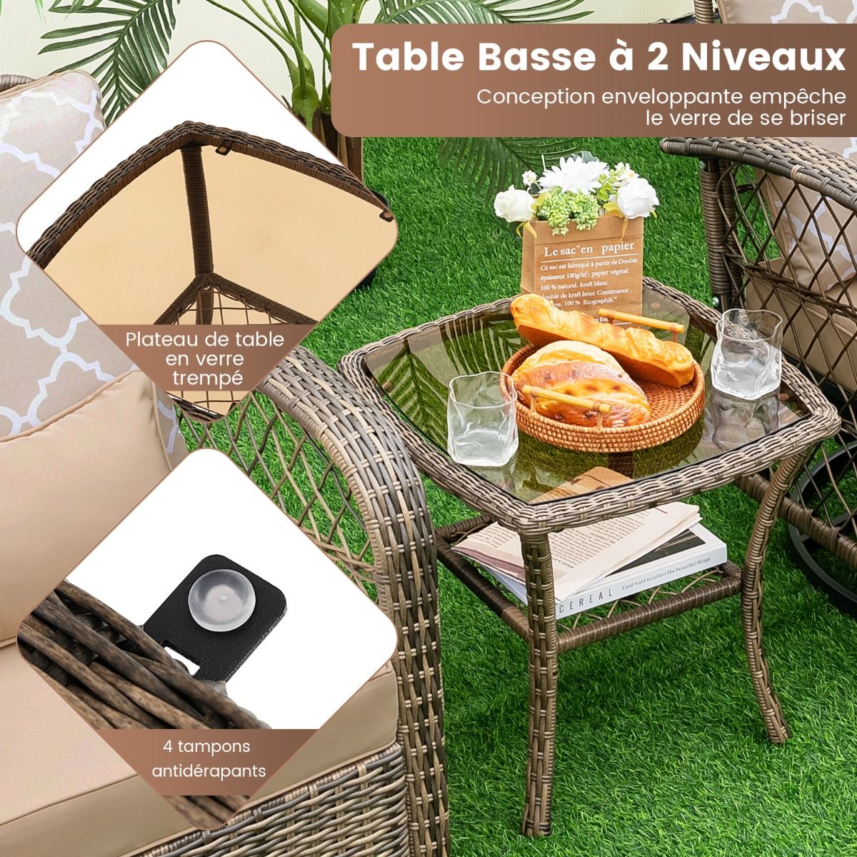 Salon de Jardin Extrieur 3PCS - 2 en Fauteuils Bascule Pivotant 360掳Rotin PE Cadre Mtal our Terrasse Balcon -