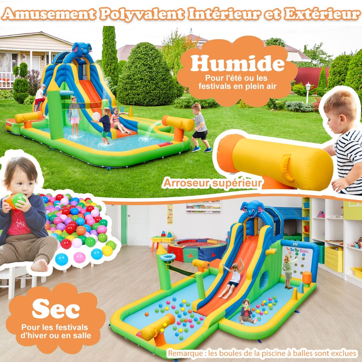 Toboggan Aquatique Gonflable Gant pour Enfants Piscine claboussures sures Mur D'escalade Canons Eau Lancer D'anneaux Cerceau (sans Souffleur) Multicolore -