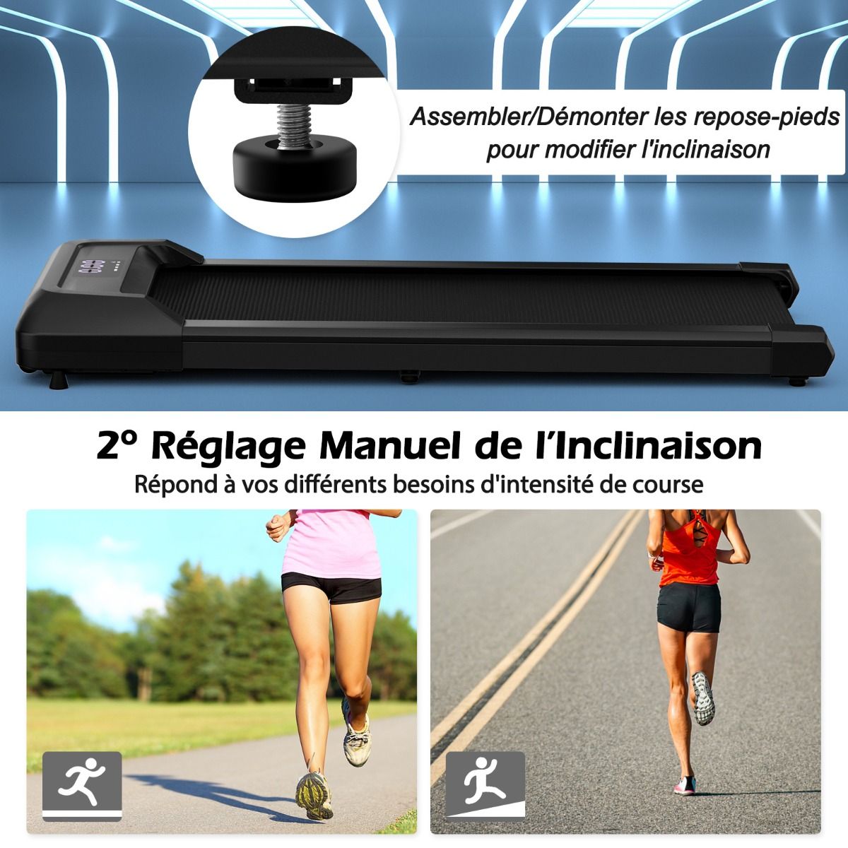 Tapis de Course Mince Tapis de Jogging avec Capacit de 120 Kg Tlcommande et cran Led Inclinable Roulettes Tapis de Course Glisser Gris/Noir/Rose -