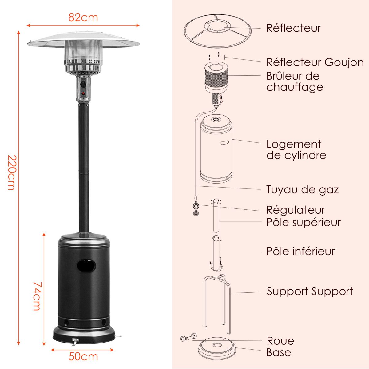 Parasol Chauffage Extrieur Gaz 13KW Rflecteur 82cm avec Dispositif de Anti-basculement Tube 2 Roues Fluide 220cm Noir -
