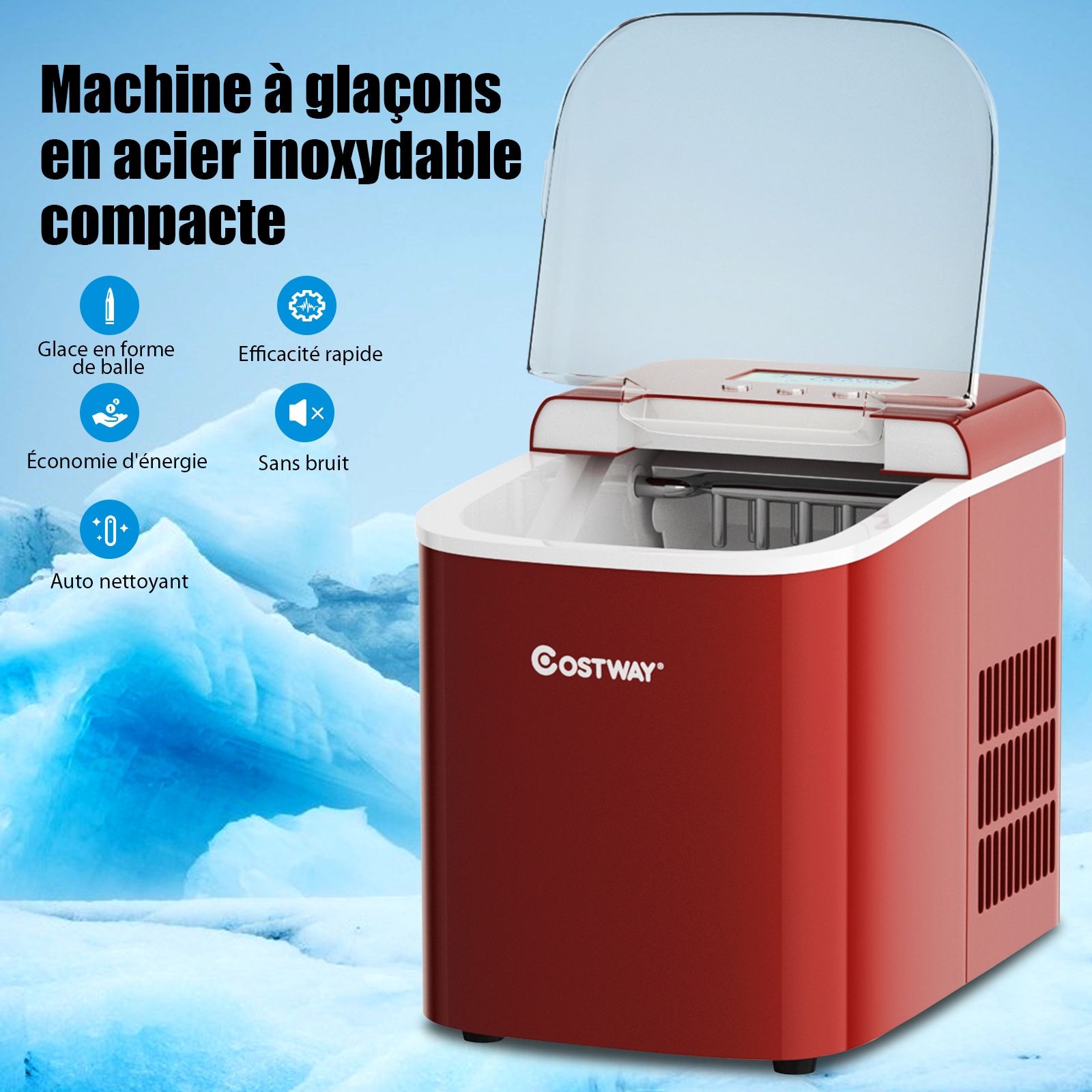 Machine à Glaçons 12KG/24H 2 Tailles de Glaçons 2,1L Réservoir 9pcs en 7 Minutes Pelle Panier Amovible Comptoir Maison Rouge -