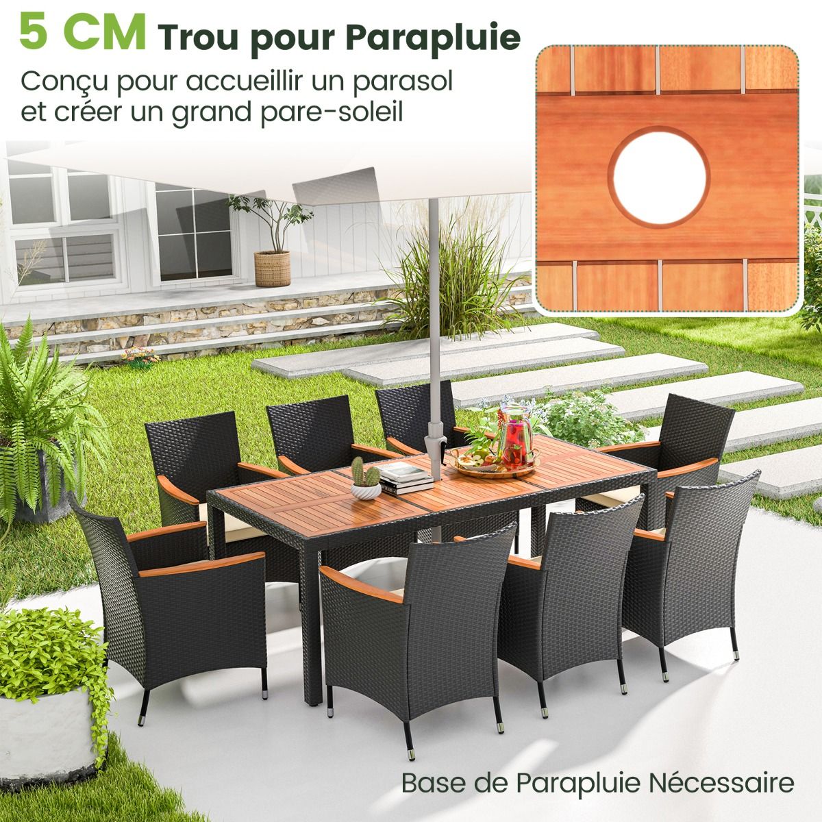Salon de Jardin en Rotin 9 Pices Plateau de Table en Acacia Ensemble de Salle Manger avec Coussins Amovibles Trou Charge 180KG Beige+Noir -