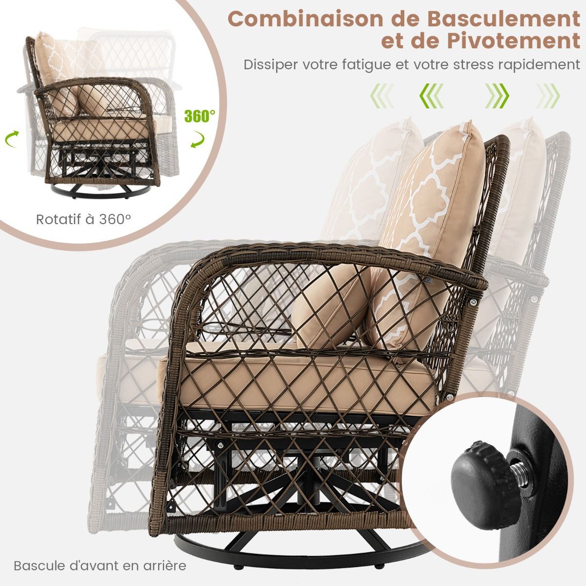 Salon de Jardin Extrieur 3PCS - 2 en Fauteuils Bascule Pivotant 360掳Rotin PE Cadre Mtal our Terrasse Balcon -
