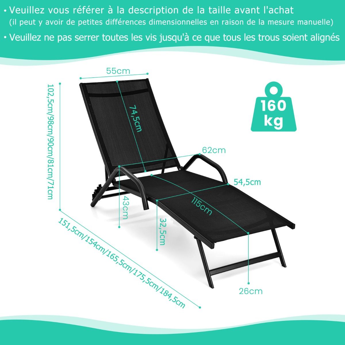 Lot de 2 Bains de Soleil Inclinables d'Extrieur avec Accoudoirs et Dossier Rglable 5 Positions Charge 160 kg Noir -