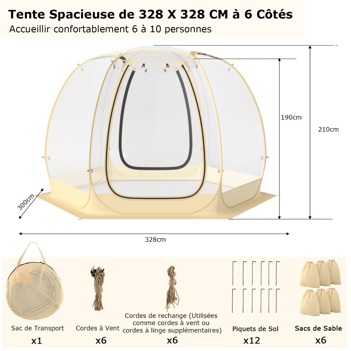 Tente Bulle Ouverture Instantane pour 6 10 Personnes Tente D么me d'Extrieur 328 x 328 cm Rsistante Aux Intempries Transparent -