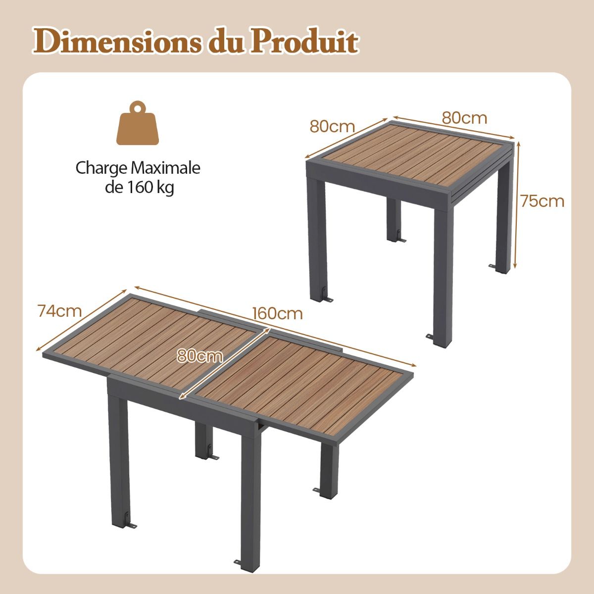 Table de Jardin Extensible en Aluminium Ajustable de 80 160 CM Table Manger Extrieure Rectangulaire pour 4-6 Personnes Naturel -