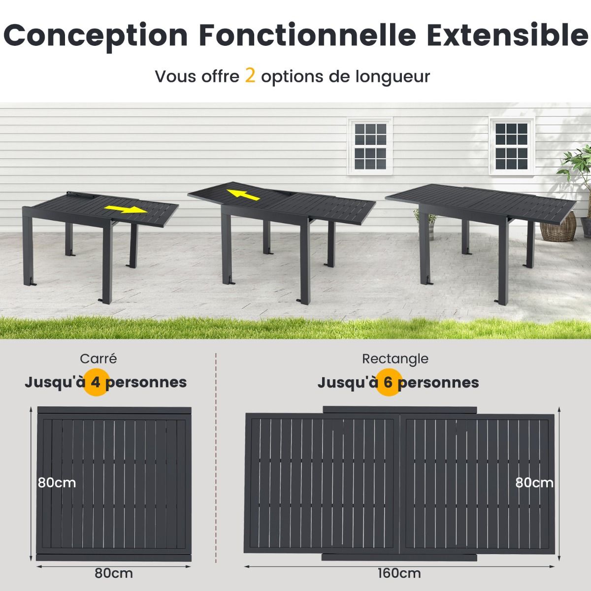 Table de Jardin Extensible en Aluminium Ajustable de 80 160 CM Table Manger Extrieure Plateau Lattes pour 4-6 Personnes Gris Fonc -