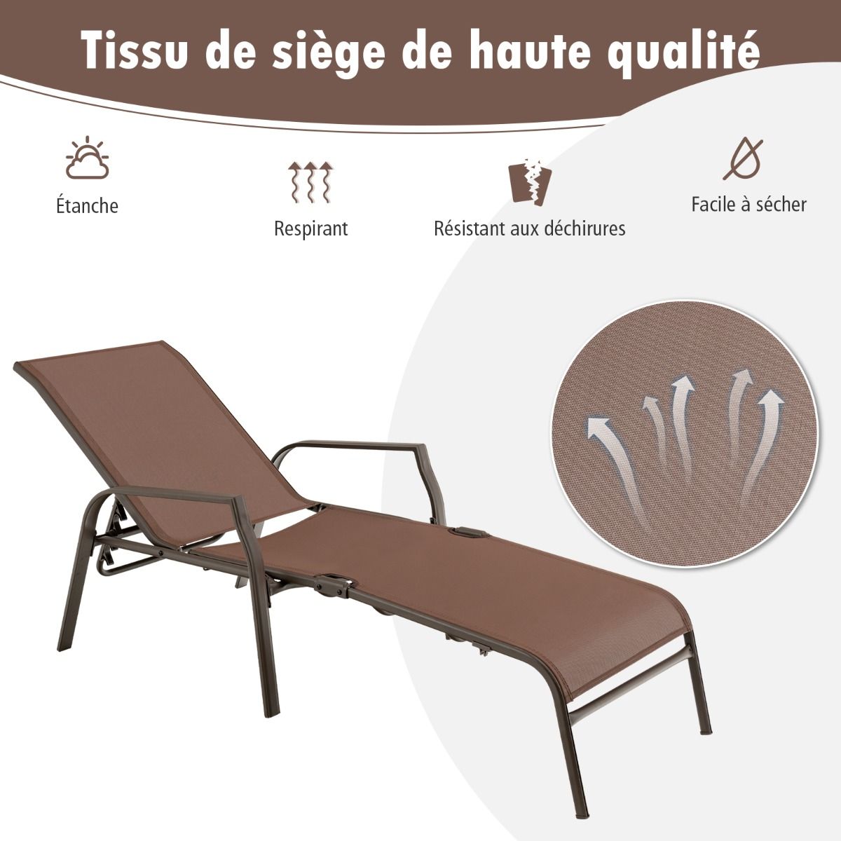 Lot de 2 Chaises longues avec Dossier Rglable Tissu Respirant Structure Robuste en Acier Charge Max 150KG -