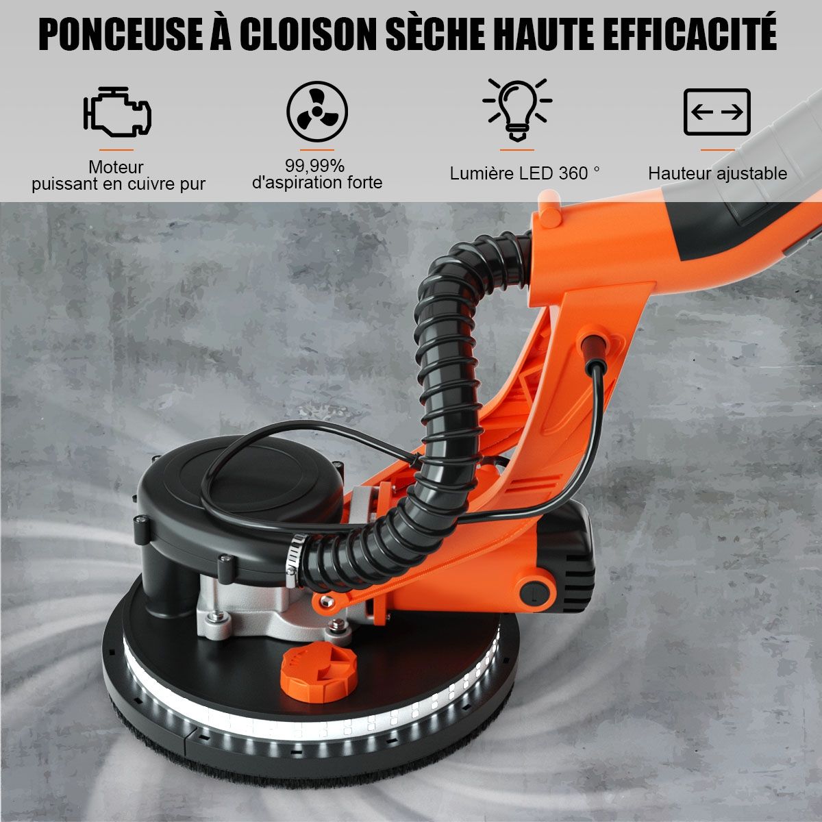 Ponceuse Pl芒tre Murale 750W 脴 225mm Aluminium 6 Vitesses Variables Lumires LED Manche Tlescopique 12 Disques Abrasifs -