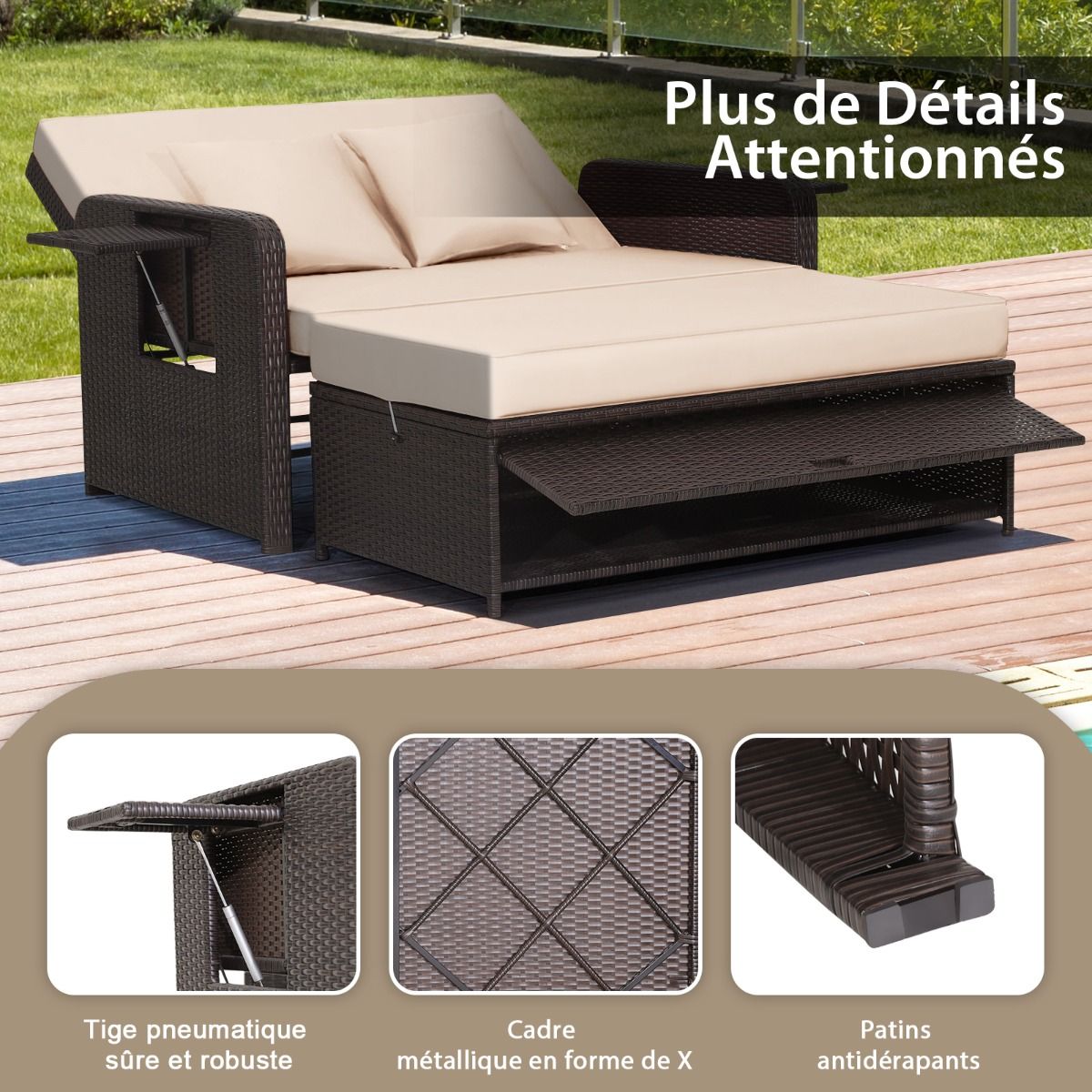 Salon de Jardin Extrieur Ajustable Lit,2 Place avec Stockage Cach,Dossier Rglable 4 Niveaux en Rotin PE -