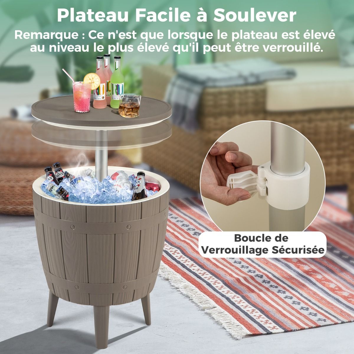 Table Glacire 37L pour Jardin 3 en 1 avec Plateau Tlescopique Seau Glace d'Extrieur pour Cocktails Bire 脴48x58/83cm Marron+Blanc -