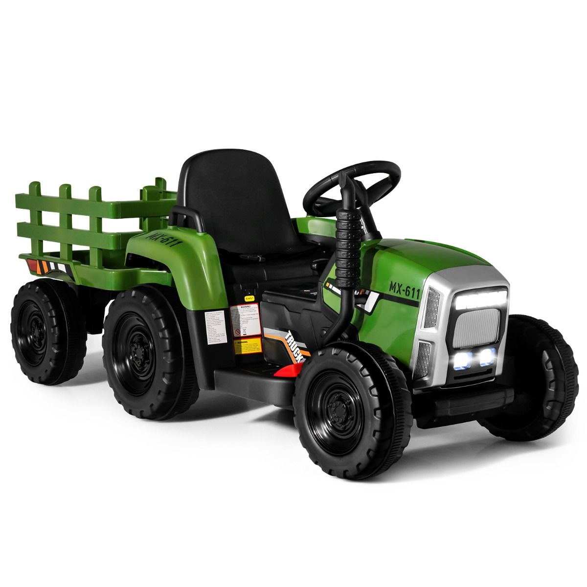 Tracteur Electrique avec Remorque pour Enfants 3 Vitesses Lumières LED Fonctions o USB et Bluetooth Jaune/Rose/Rouge/Vert/Vert Foncé/Noir -