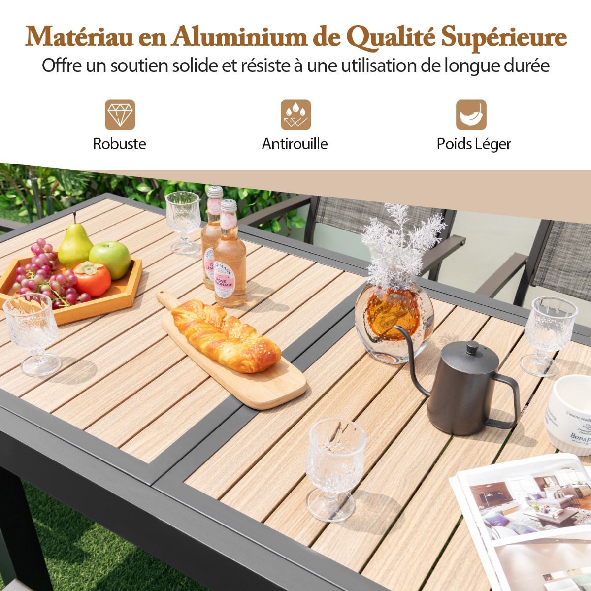 Table de Jardin Extensible en Aluminium Ajustable de 80 160 CM Table Manger Extrieure Rectangulaire pour 4-6 Personnes Naturel -