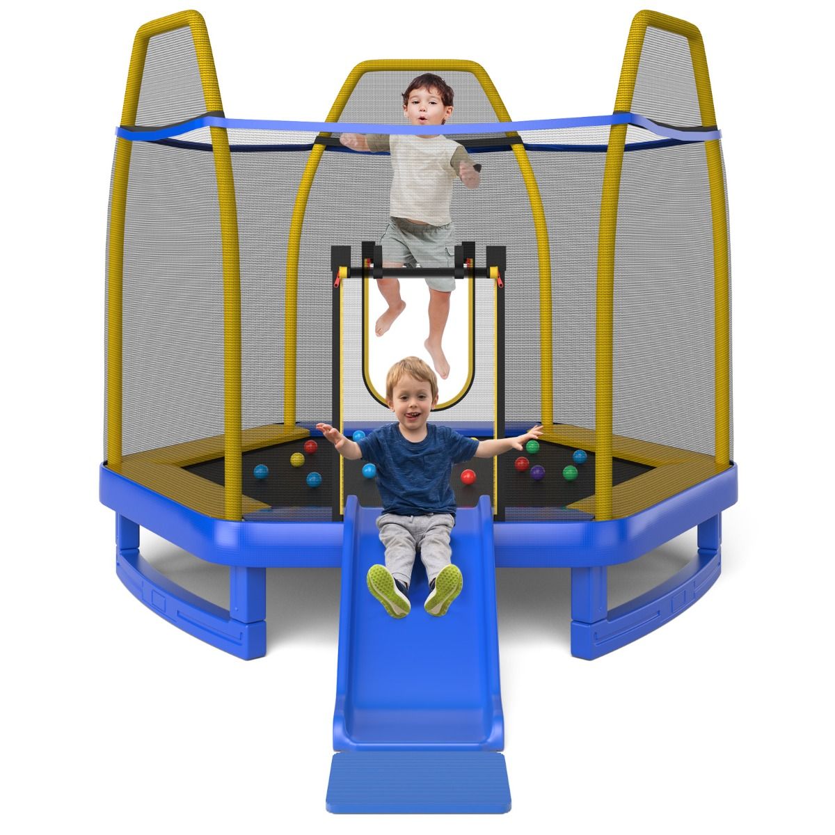 Trampoline Extérieur Ø 223cm avec Toboggan&Echelle avec Filet de Sécurité 2 Portes en U Charge 270kg pour 2-3 Enfants de 3 Ans+ Bleu/Vert -