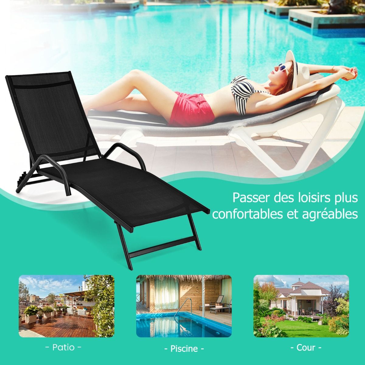 Lot de 2 Bains de Soleil Inclinables d'Extrieur avec Accoudoirs et Dossier Rglable 5 Positions Charge 160 kg Noir -