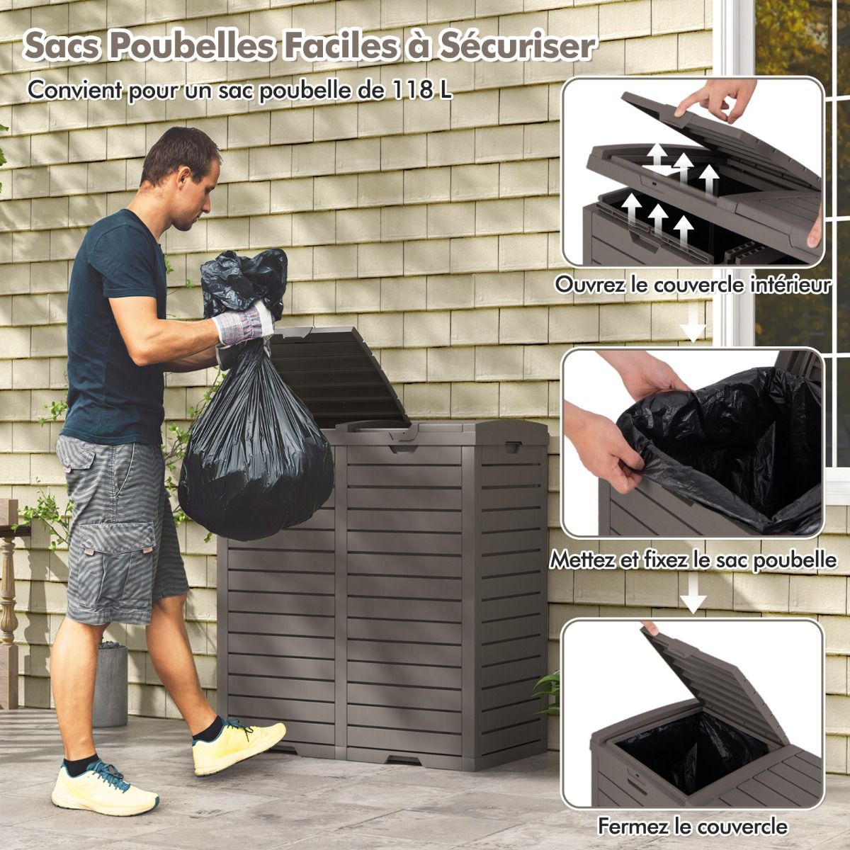 Poubelle d'Extrieur 135 L Poubelle Etanche Double Seau Couvercle Plusieurs Niveaux Bac d'Egouttage Poigne Dcoupe Poubelle Marron -