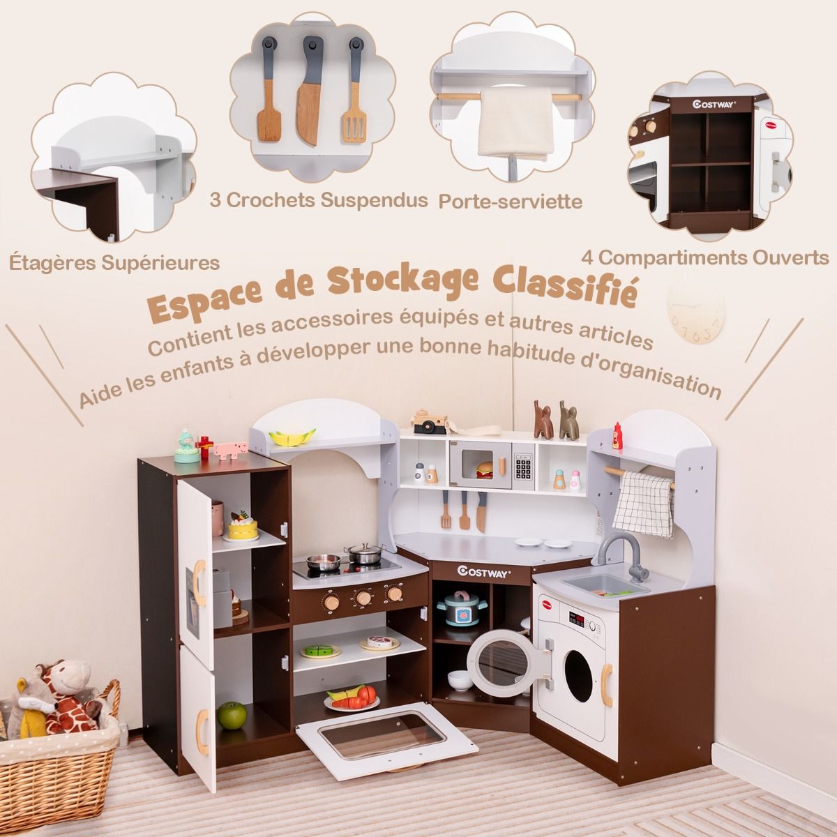 Jeu de Cuisine d'Angle pour Enfants de 3 Ans et Plus en Bois Machine Glaons Porte-serviettes Accessoires Effets Sonores et Lumineux -