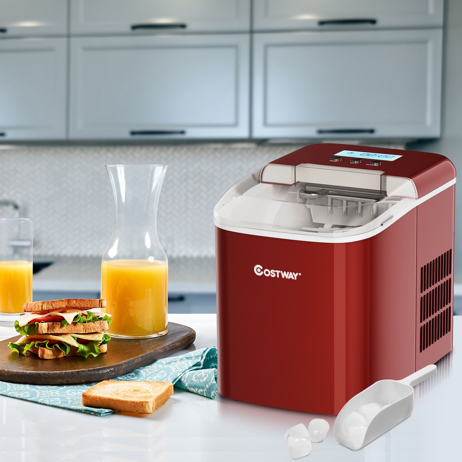 Machine Glaons 12KG/24H 2 Tailles de Glaons 2,1L Rservoir 9pcs en 7 Minutes Pelle Panier Amovible Comptoir Maison Rouge -
