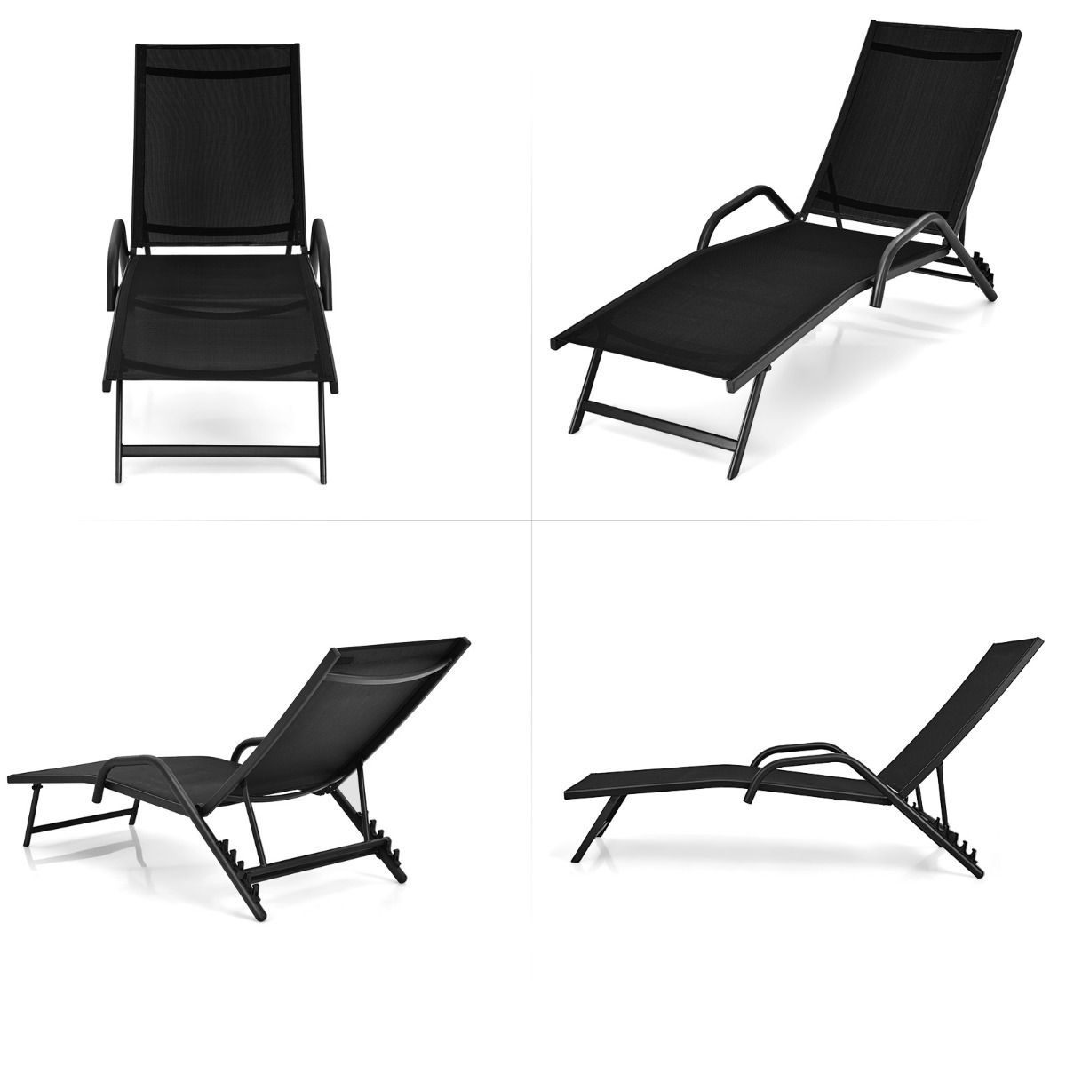 Lot de 2 Bains de Soleil Inclinables d'Extrieur avec Accoudoirs et Dossier Rglable 5 Positions Charge 160 kg Noir -