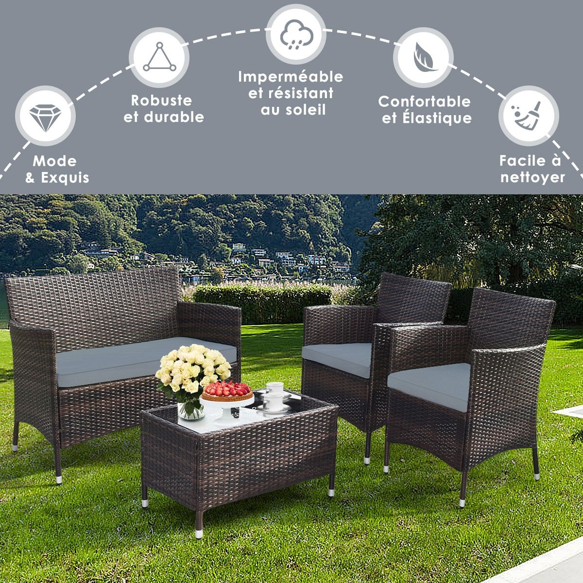 Salon de Jardin 4 PCS Mobilier de Terrasse en Rotin PE pour Vranda Patio Terrasse Piscine Marron et Gris -