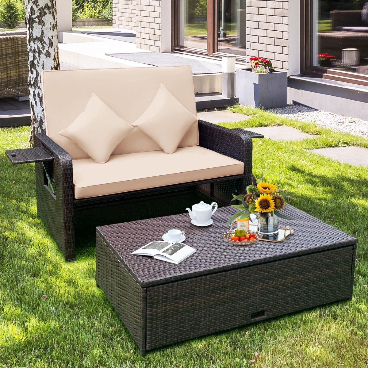 Salon de Jardin Extrieur Ajustable Lit,2 Place avec Stockage Cach,Dossier Rglable 4 Niveaux en Rotin PE -